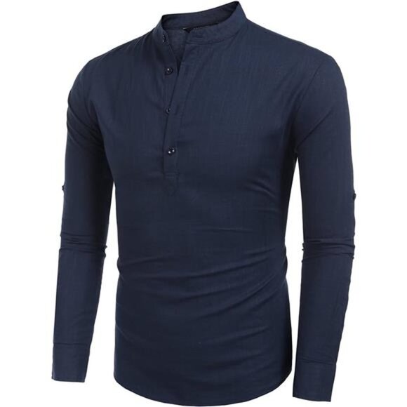 Men's Cotton Linen Henley Shirt Long Sleeve Hippie Casual Beach T Shirts - Picture 2 of 7